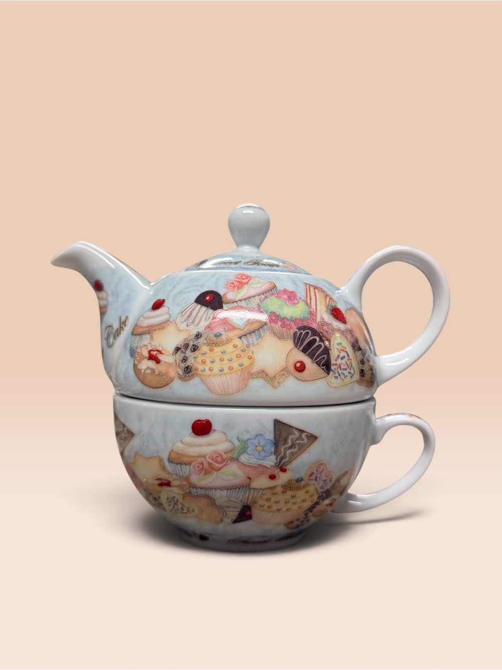 Cupcake & Cookies Ceramic Tea-for-One Set Teapot & Cup Light Blue EUC